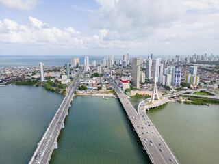 Aerial view of the cable-stayed bridge in the pina neighborhood in the city of recife, pernambuco,...