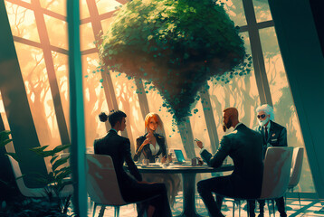 A business meeting in a futuristic beautiful office space