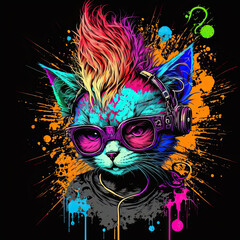 Drawing cat punk colorful art, Generative AI