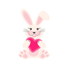 Cute rabbit with heart . Vector illustration in cartoon flat style.