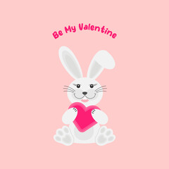 Cute rabbit with heart . Valentines Day greeting card, Illustration of Love and Valentine`s day. Vector illustration in cartoon flat style.