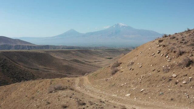 View on mount Ararat.  Ararat and road oin mountain. View on big and small Masis from  road in Yeranos mountain. 