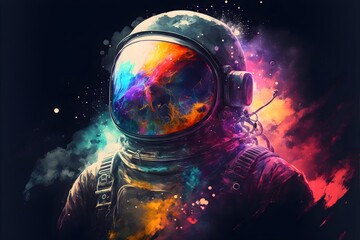 Fototapeta na wymiar Cosmonaut in space. Space science. Colorful galaxy. Digital illustration. Generative AI