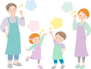 エプロン姿の4人家族のポジティブな表情セット