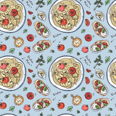 seamless pattern of colorful vector pasta with tomatoes