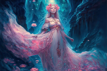 Fototapeta na wymiar Lake nymph. Beautiful water goddess. Post-processed digital AI art