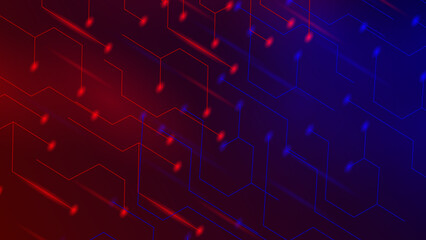 Motion Abstract Technology Background of glittering red Particles with lens flare, defocused gold Particles on red with line connectivity Background.