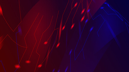 Motion Abstract Technology Background of glittering red Particles with lens flare, defocused gold Particles on red with line connectivity Background.