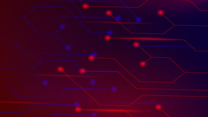 Motion Abstract Technology Background of glittering red Particles with lens flare, defocused gold Particles on red with line connectivity Background.