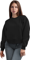 Mockup of a black crop sweatshirt on the body, png, canvas bella, front