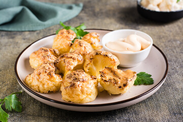 Cauliflower barbecue wings and sauce on a plate on the table. Vegetarian food.