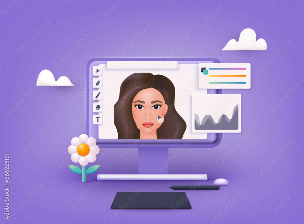 Poster photocomputer display with photo design program. 3d web vector illustrations.