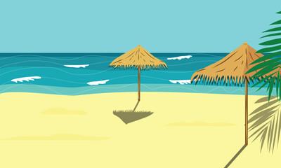 Vector illustration beach with straw umbrellas palm trees. Bright sunlight sand ocean waves. Traveling summer family seaside vacation concept