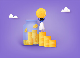Saving dollar coin in jar. Female Character Collect Golden Coins into Huge Glass Jar. Make Savings, Collecting Money in Account, Open Bank Deposit. 3D Web Vector Illustrations.