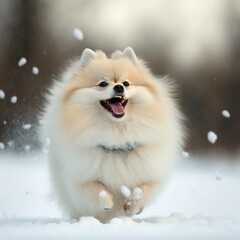 Obraz premium A Pomeranian running in the snow