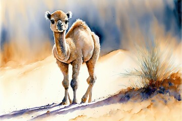 Cute baby camel in desert. Watercolor painting. Generative AI