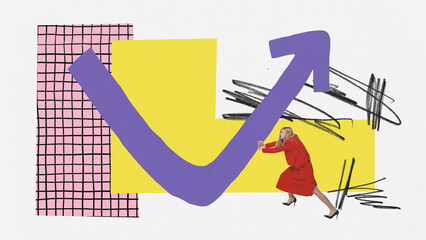 Contemporary art collage with young girl pushing big arrow up. Concept of success, achievements,...