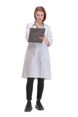 Happy smiling female doctor with stethoscope writing on clipboard