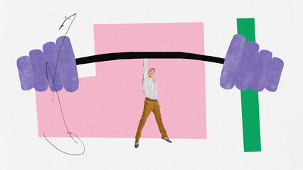 Contemporary art collage. Young happy excited man raising drawn barbell. Concept of success,...