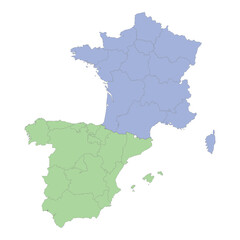 High quality political map of France and Spain with borders of the regions or provinces