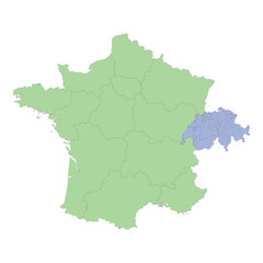 High quality political map of France and Switzerland with borders of the regions or provinces