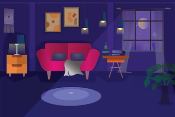 Living room with sofas at night vector cartoon dark lounge interior style boho illustrations.