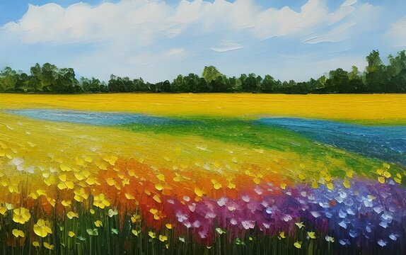 Colorful Oil painting of a large field full of flowers, meadow, flowery landscape, with a blue sky and white clouds, made with generative ai