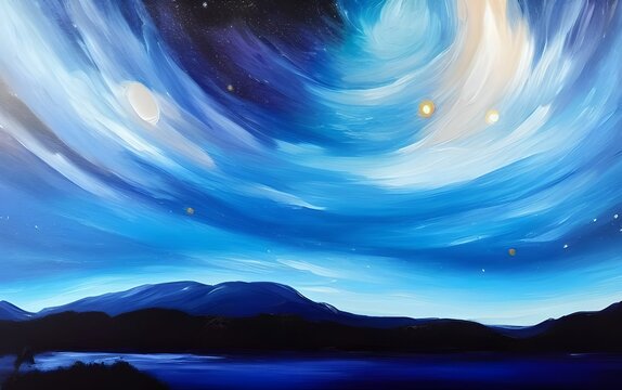 Oil painting of a magical night sky above a lake and mountains, showing the mily way galaxy, stars and moon, made with generative ai