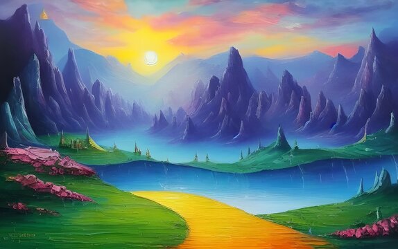 Oil Painting of a path that leads through a magical landscape straight out of a fairty tale with mystical mountains stretching into the distance, made with generative ai
