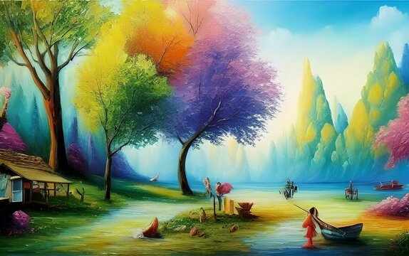 Oil Painting of a hut at the edge of a forest with a magical colorful tree, made with generative ai
