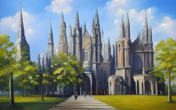 Oil painting of a majestic awe-inspiring cathedral with grass field populated with trees and silhouettes of people walking around, made with generative ai