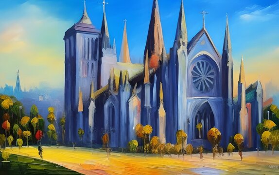 Oil paiting of a beautiful historic church towering above the surrounding landscape with tries and bright blue sky, made wtih generative ai