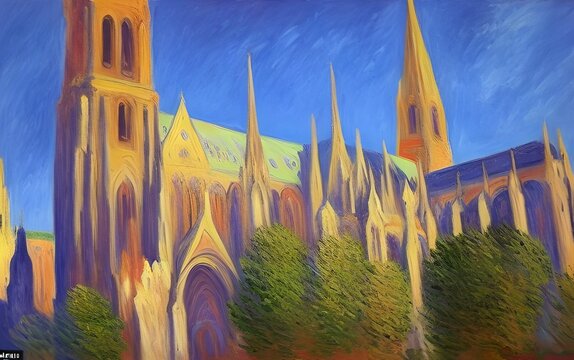 Oil painting of a cathedral towering above some lush green trees and bright blue sky in the background, made with generative ai