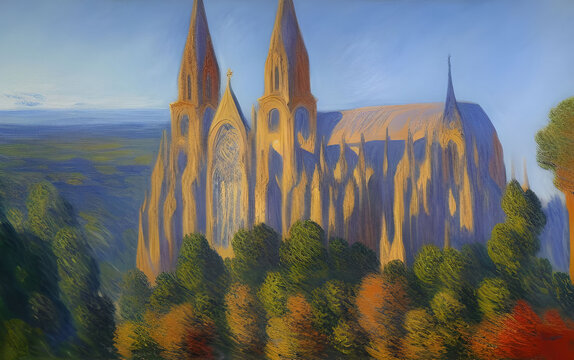 Oil painting of a grand cathedral in the distance towering high above the surrounding trees and reaching into the sky, made with generative ai