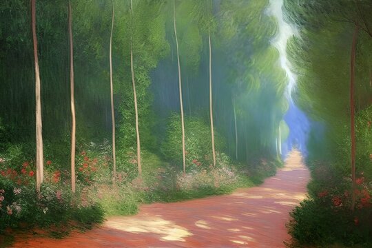 Oil painting of a path through the forest, with flowers along the sides of the path, perfect for children's book fairy tale, made with generative ai