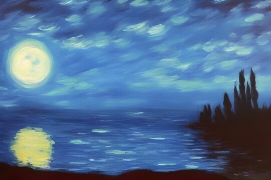 Oil painting of the night sky with a bright large full moon reflecting beautifully onto the lake and a forest of trees on shore of the lake, made with generative ai