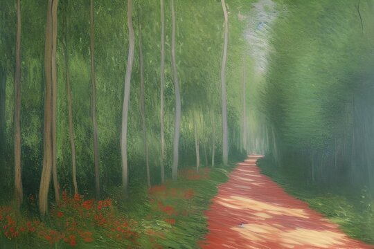 Oil painting of a path through a forest with red flowers and trees, made with generative ai