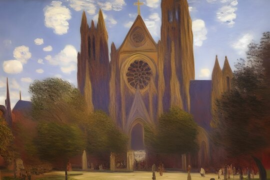 Oil painting of a cathedral with a cross on top of it and surrounded by grass field and trees and people walking around the cathedral, made with generative ai