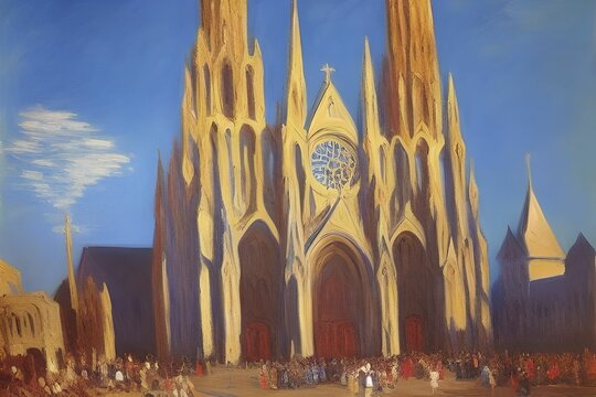 Oil painting of a grand cathedral in the center of a medieval town with and people walking around on the town square in front of the cathedral, made with generative ai