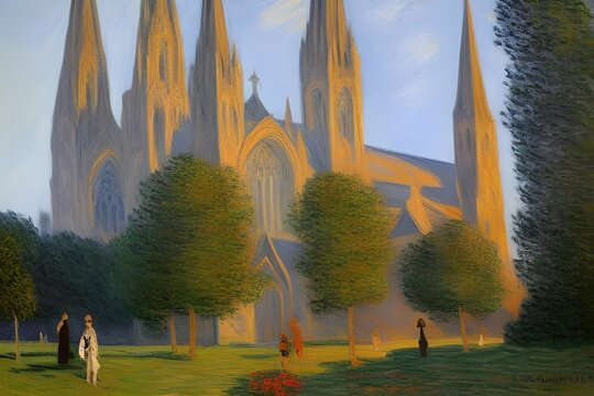 Oil painting of a big church with the evening sun beautifully illuminating the church, with a grass field and trees around it, and people walking around it, made with generative ai