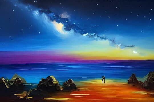 Oil painting of a couple on the beach looking at the night sky beautifully illuminated by the milky way galaxy and stars stretching across the beautiful night sky, made with generative ai