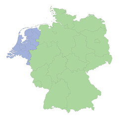 High quality political map of Germany and Netherlands with borders of the regions or provinces.