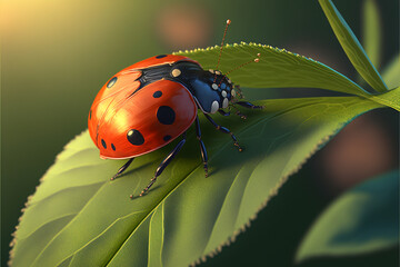 a ladybug close-up on a green leaf ,plant, insect, vegetation
