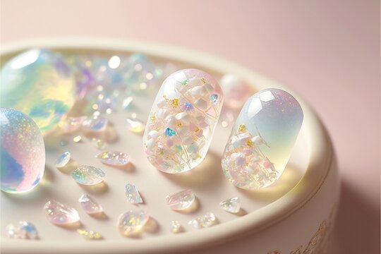 かわいいピンク パステルカラー 透明なレジンアクセサリーパーツのイラスト 透け感のあるレジンパーツ Generative AI