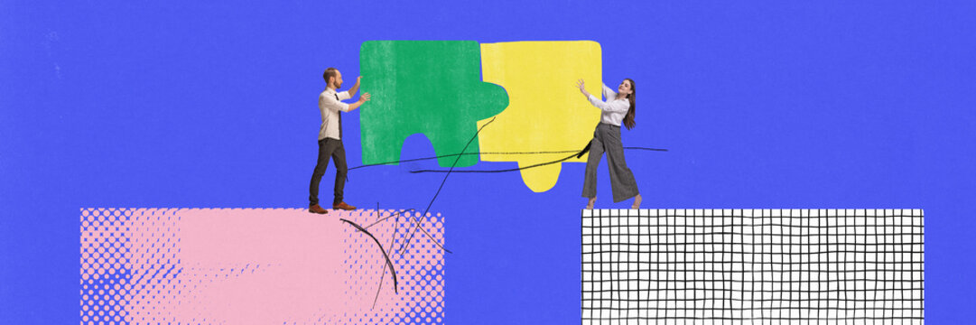 Teamwork. Two people with huge pieces of puzzle. Contemporary art collage. Concept of teamwork, success, business, analytics, career, job, professional growth