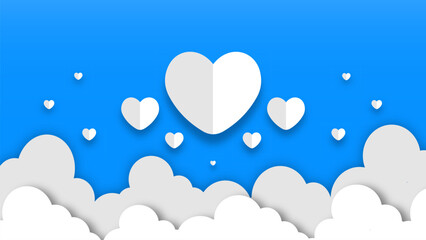 Hearts on blue background, White hearts and clouds isolated on blue background. happy Valentine's day background banner design. vector illustration