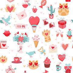 Valentine s day seamless pattern with cute elements. wedding and love concept. Vector illustration in flat cartoon style
