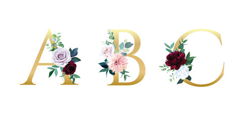 Vector floral alphabet set with beautiful floral and leaves decoration