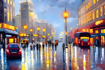 traffic on a rainy day in the city. the city during the day. oil painting of traffic in the city. city painting. oil painting city lights. AI generated. city painting concept. oil painting concept.