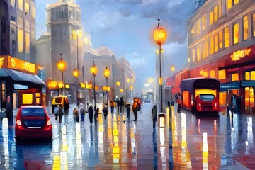 Foto op Canvas traffic on a rainy day in the city. the city during the day. oil painting of traffic in the city. city painting. oil painting city lights. AI generated. city painting concept. oil painting concept. © Say it with silence.